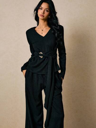 Poéselle 女式 V 领纯色长袖竖条纹两件套