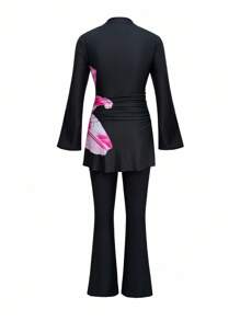 Swim Mulvari 女式夏季简约布基尼套装，修身显瘦，花卉印花，长袖和裤子，腰部褶饰，两件套泳衣 - 黑色 - 查看 7