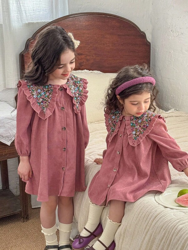 LMoss Kids LMoss Young Girl Woven Solid Color Patchwork Ditsy Floral Peter Pan Collar Casual Dress, Girls Spring Autumn French Style Dress, Autumn Dress Kids,Cozy Fall & Winter Styles,Christmas,Fall Clothes,Long Sleeve,Fall Dress,Young Girl Floral Pattern Lace Collar Dress,Cozy Fall & Winter Styles,Fall,Pink Dress,Fall Dresses,Long Sleeve