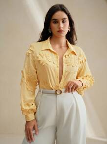 Anewsta Autumn/Winter Fashion Loose Embroidered Floral Plus Size Women Long Sleeve Shirt - Yellow - View 5