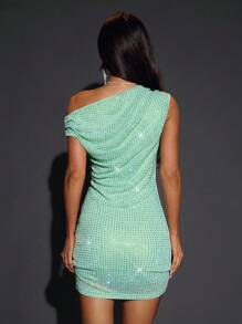 SHEIN BAE 秋冬女士夜间外出装夜店俱乐部派对装优雅闪亮水钻网眼不对称不对称肩部紧身迷你连衣裙，适合夜店派对、夜间外出、约会、性感女士俱乐部装、乡村音乐会服装、女士生日礼服、狂欢服装、女士鸡尾酒会礼服 - 綠色 - 查看 3
