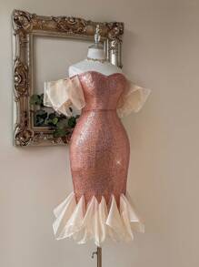 SHEIN Belle 优雅香槟色精致亮片面料闪亮丝绸和欧根纱拼接亮片鱼尾下摆露肩不对称泡泡袖和鱼尾紧身连衣裙，采用不对称泡泡菱形形状，适合华丽优雅的返校派对招待会婚礼季节母亲节音乐节毕业季派对复活节假期派对场合女士编码鸡尾酒会礼服 - 香檳色 - 查看 4