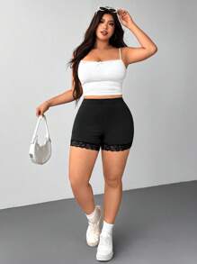 SHEIN EZwear 大码女式黑色功能性针织罗纹面料蕾丝边纯色休闲百搭高腰紧身骑行短裤紧身裤 - 黑色 - 查看 5