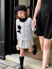 3 Stücke/Set Mädchen Karosakko, Rock & Rippstrick Rollkragenpullover mit Langarm, geeignet für Partys, Schule, Straßenmode, jede Gelegenheit - Verschiedenfarbig - Übersicht 5