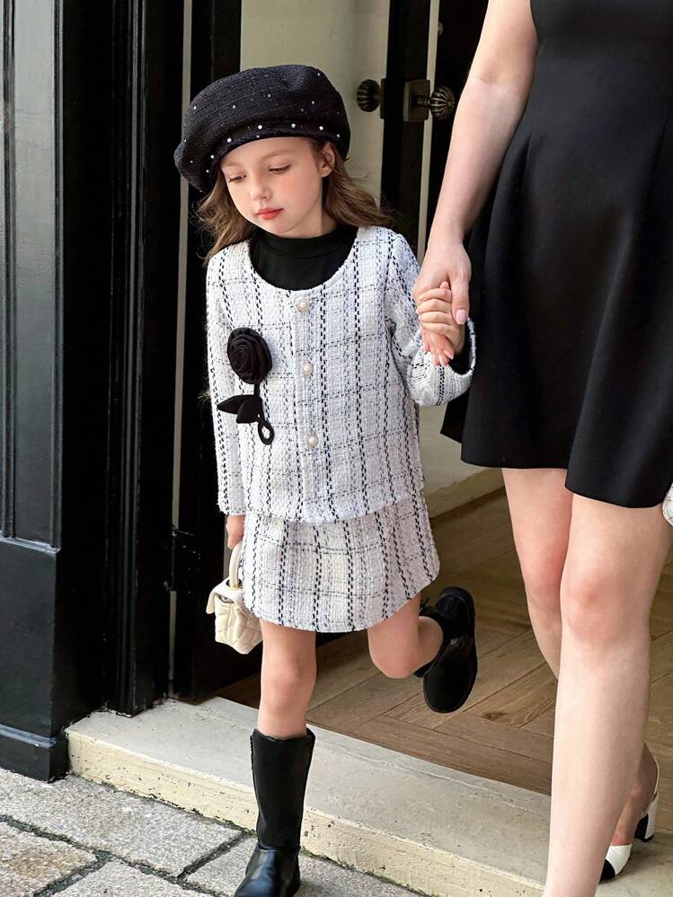 3 件套女童格子夹克、裙子和罗纹高领长袖上衣，适合派对、学校、街头穿着等任何场合 - 彩色 - 查看 5