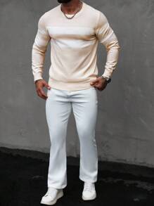 Manfinity Homme 男士条纹圆领长袖休闲套头衫 - 杏色 - 查看 4