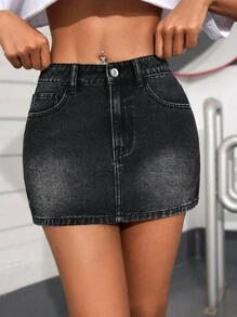 SHEIN PETITE Váy mini denim đa năng thường ngày có túi trang trí cho nữ - màu đen - Xem 5