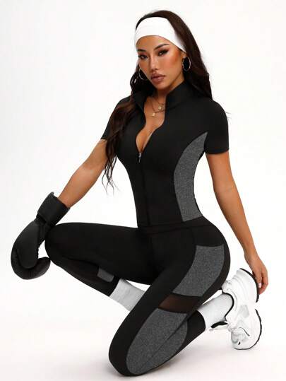 Easithlete Women's Colorblock Knitted Activewear Set With Stand Collar And Zipper Detail Workout Sets