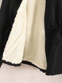 SHEIN 青少年女孩人造毛领蓬松风衣夹克，休闲百搭时尚外套 - 黑色 - 查看 5