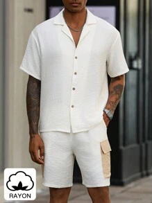 Manfinity Homme Men's Casual Solid Color Short Sleeve Shirt And Pocket Shorts Set - Multicolor - View 5