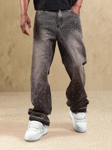 SUMWON Pantalones vaqueros de pierna ancha con aplicaciones de cristal y brillos, estilo de moda para salir de fiesta, festivales y eventos nocturnos - Negro - Ver 4