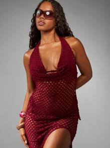 MISSGUIDED Crochet Beach Cover Up Dress Cowl Neck Halter Maxi Resort Wear Holiday Beach Dress See Through Net Cover Up Swimsuit - Red - View 3