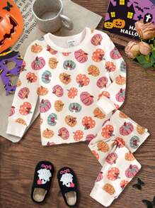 SHEIN 奶油白色南瓜色，超级可爱的南瓜图案，秋天的气息，女婴休闲简约舒适圆领长袖上衣和紧身裤家居服套装，适合秋冬季，舒适贴身，适合居家、睡衣派对、万圣节、野餐、休闲户外、秋季