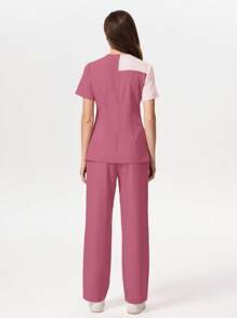 TaskEZ Conjunto de uniforme de pijama médico con cuello en contraste, bolsillo y manga corta - Rosa Oxidada - Ver 2