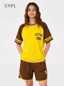 Explorewe 2pcs/Set Vintage Color-Blocked Girls Casual Sports Top And Shorts Set, Summer New Arrival - Mocha Brown - View 1