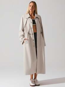 Menodora SHEIN Sport 女式宽松抽绳腰部超大长款风衣，秋冬轻便户外风衣 - 卡其色 - 查看 4