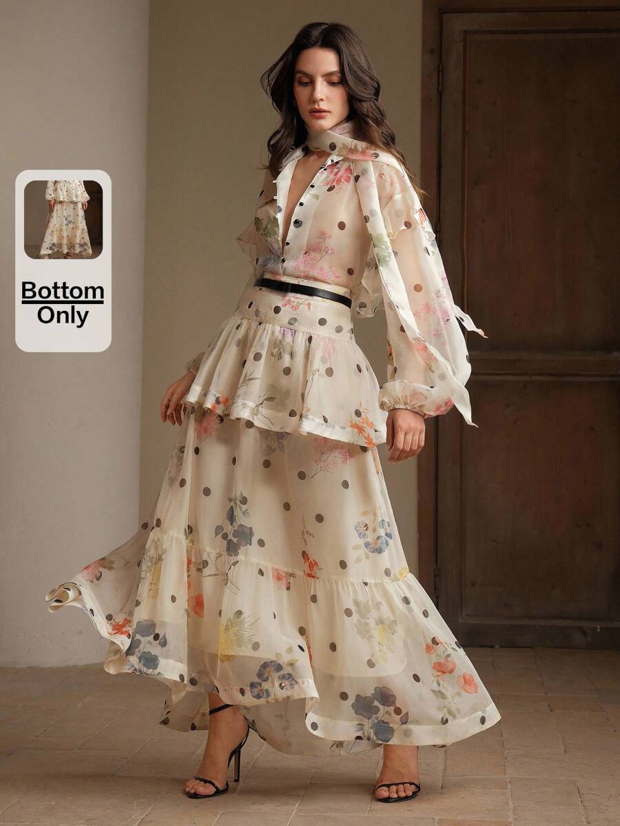 Anewsta 女士波尔卡圆点和花卉印花层叠荷叶边下摆长裙，优雅适合春夏度假 - 杏色 - 查看 1