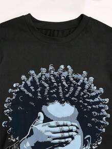 SHEIN Đi bộ bằng đức tin, không phải bằng thị giác, áo thun tay ngắn in họa tiết che mắt cho bé trai tóc xoăn dành cho nữ, mùa hè - màu đen - Xem 5