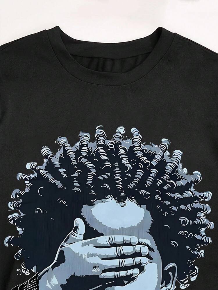 Glimmora Walk By Faith Not By Sight, Curly Hair Boy Covered Eyes Graphic Print Casual Slim Fit Short Sleeve T-Shirt For Women, Summer - Black - View 5