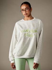 MISSGUIDED Áo nỉ in họa tiết Matcha Club cổ tròn tay dài dáng rộng, mặc nhà thường ngày thu đông, nhẹ nhàng - Màu Xám nhạt - Xem 6