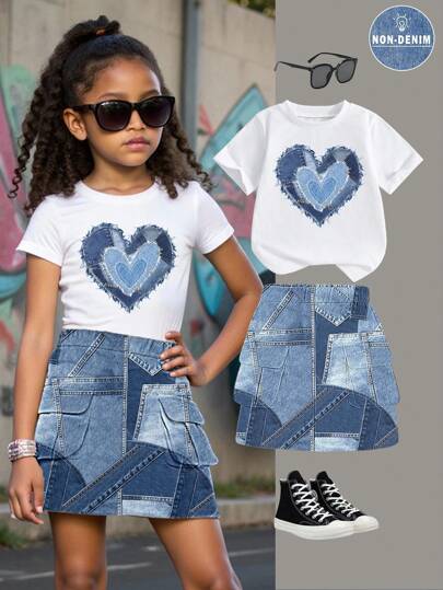 SHEIN Tween Girl Casual Heart Graphic Short Sleeve Round Neck T-Shirt Paired With Cargo Skirt Set, Suitable For Summer 2pc Set Girls Teen Girl Clothes Kids Skirt And T-Shirt Set