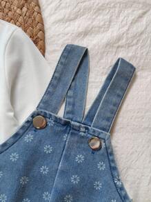 SHEIN Set de 2 piezas de camiseta de manga larga blanca y vestido peto vaquero con estampado floral pequeño para niñas bebés, atuendo casual cómodo para primavera/otoño - Azul - Ver 6