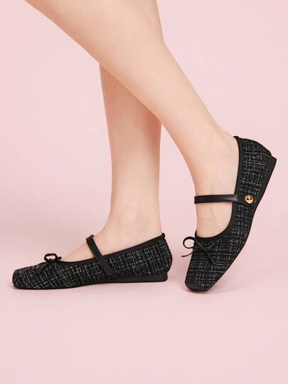 SheIn MOD 新款女式黑色玛丽珍蝴蝶结小猪头时尚百搭圆头平底鞋，适合户外穿着，四季皆宜