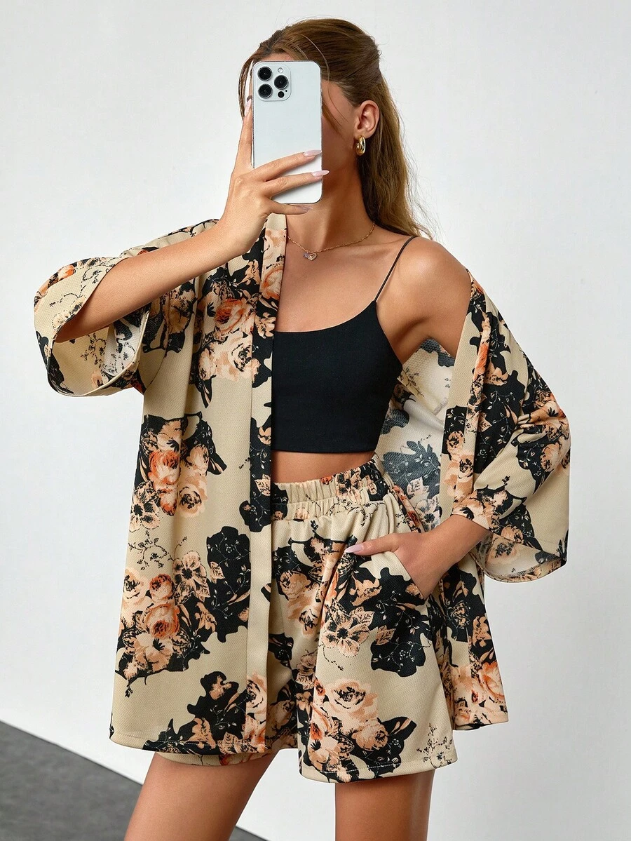 EURMUSE 2 Pieces Short Sleeve Top & Shorts Set, , Vintage Floral Printed - Multicolor - View 1
