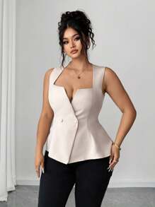 Elenzga Áo khoác cardigan cổ thấp hai hàng khuy trơn màu cỡ lớn dành cho nữ, kiểu áo cánh thanh lịch và duyên dáng - Màu be - Xem 4