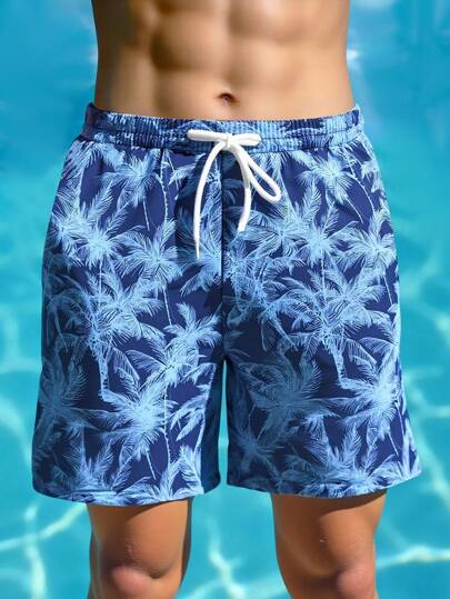 SHEIN Boys' Personalized Navy Blue Palm Tree Swim Trunks,Funny Tropical Leaf Print Swimwear Shorts For Summer Beach Vacation Holiday,Comfortable Swimming