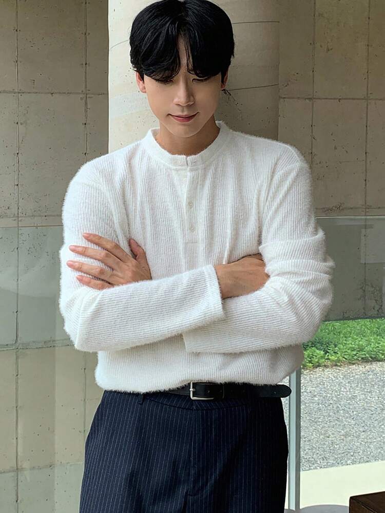 Men's Solid Color Textured Fabric White Half-Placket T-Shirt, Autumn Long Sleeve Men Shirt