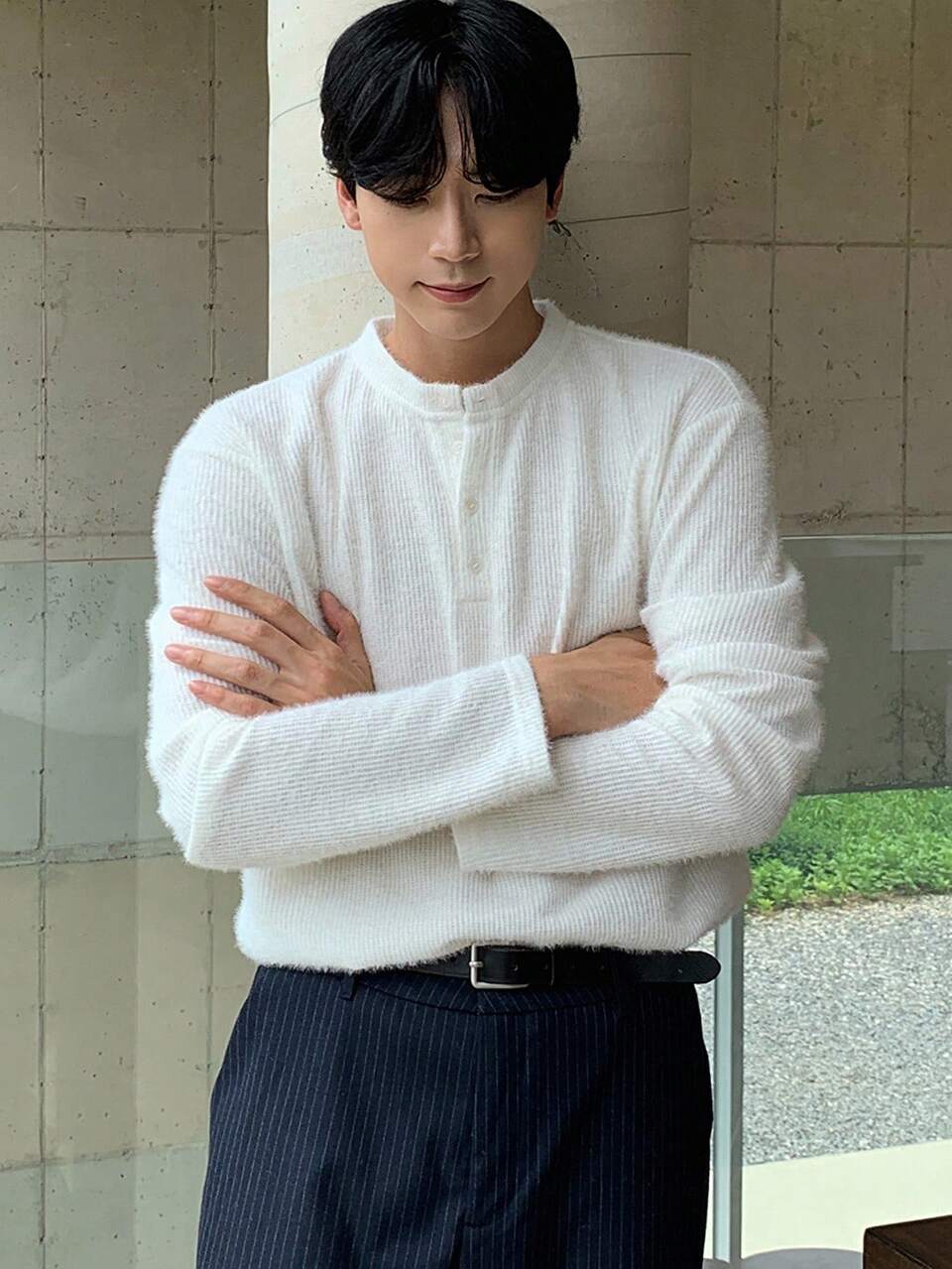 Men's Solid Color Textured Fabric White Half-Placket T-Shirt, Autumn Long Sleeve Men Shirt