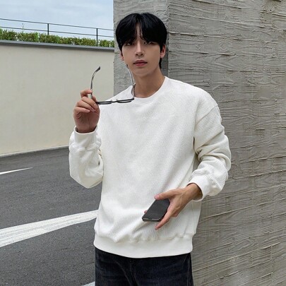 가을 남성용 솔리드 화이트 텍스처드 패브릭 풀오버 스웨트셔츠