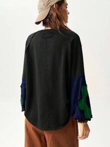 Bohemela Women's Solid Color Block Crew Neck Long Sleeve Floral Decor Sweatshirt, Casual Wear Fall Topspull Oversizeblouse Green Oversized Tops Aesthetic Tops Sleeve Top Oversized Graphic Tees Women Long Sleeve Tops, - Multicolor - View 2