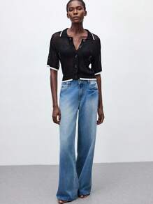 Maija 女士宽松蝙蝠袖圆领镂空针织开衫，商务休闲，适合音乐节，波西米亚风格 - 黑色 - 查看 3