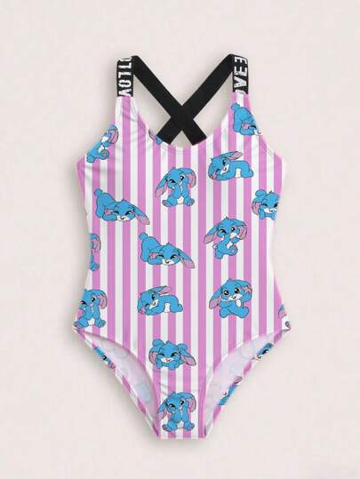 Tween Girls' 1-Piece Striped & Cartoon Print Swimsuit School Clothes Back To School Clothes Puppy Keep Puppy Graphic Tees