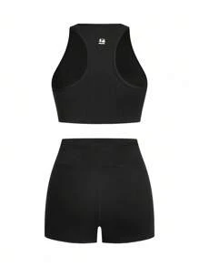 SHEIN Sports 女士圆领无袖拉链休闲短款上衣和短裤户外套装 - 黑色 - 查看 3