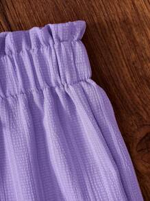 SHEIN 女童度假休闲碎花宽松T恤+梭织纹理宽松裤套装 - 紫色 - 查看 6