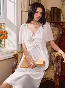 Côtesoire 优雅浪漫缎面蕾丝网眼女士睡袍 - 白色 - 查看 5