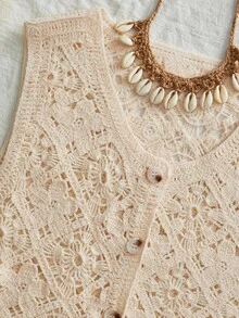 Travachic 女士纯色圆领无袖单排扣休闲镂空针织上衣 - 米色 - 查看 4