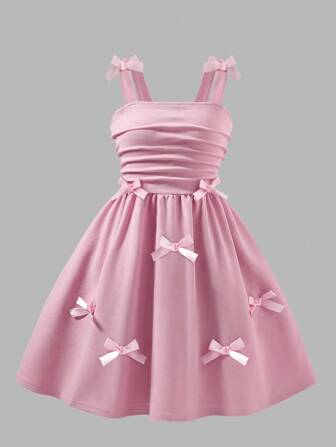 Elladie kids Elegant Solid Color Pleated Bow Strap Dress For Tween Girl, Suitable For Outing, Party And Events In Spring/Summer Summer Holiday
