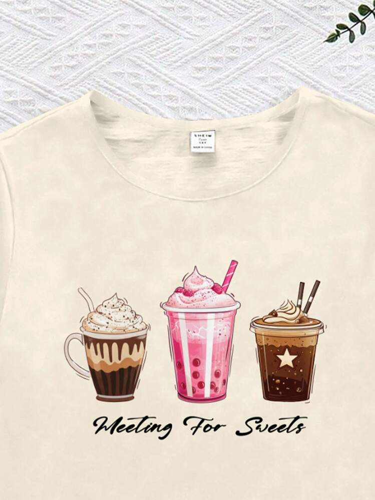 SHEIN Leap Crew Teen Girl Bubble Tea Print Casual Loose Simple Round Neck Short Sleeve Shorts Loungewear Set, Suitable For Spring & Summer - Multicolor - View 4