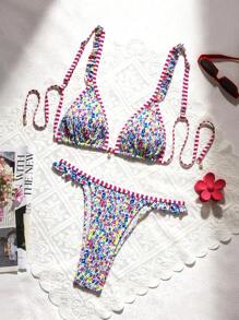 Swim Vcay Baju Renang Wanita Motif Bunga Putih Musim Panas yang Lucu untuk Pesta Kolam Renang, Liburan Pantai, Bikini Segitiga dengan Hiasan Rumbai Warna Kontras dan Tali Bahu yang Dapat Diatur, Liontin - MultiWarna - View 8