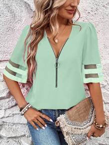 Breezaya Women Casual Vacation Mesh Patchwork Puff Sleeve Blouse - Green - View 6