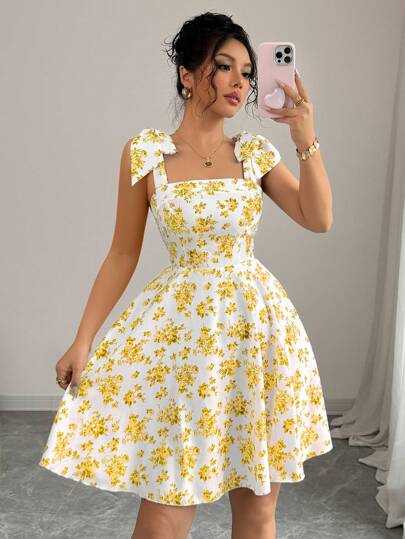 Selianne Nuevo vestido de línea A con cintura ceñida y lazos en los hombros con estampado floral ditsy, silueta favorecedora, vestido casual elegante para vacaciones