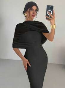 Firerie 优雅浪漫的黄色纯色荷叶边领口不对称褶皱腰身修身连衣裙，女士沙滩装，女士机场装，度假装，女士教师装，黑色连衣裙，优雅大方 - 黑色 - 查看 5