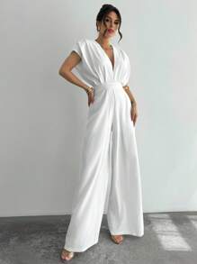 Firerie 女士夏季纯色深 V 领蝙蝠袖阔腿连体裤/白色亚麻服装/美国独立日服装/海滩度假服装/商务休闲女装/办公室/夏季服装/毕业服装/茶会聚会/优雅露背吊带/优雅露背吊带连体裤，端庄 - 白色 - 查看 10