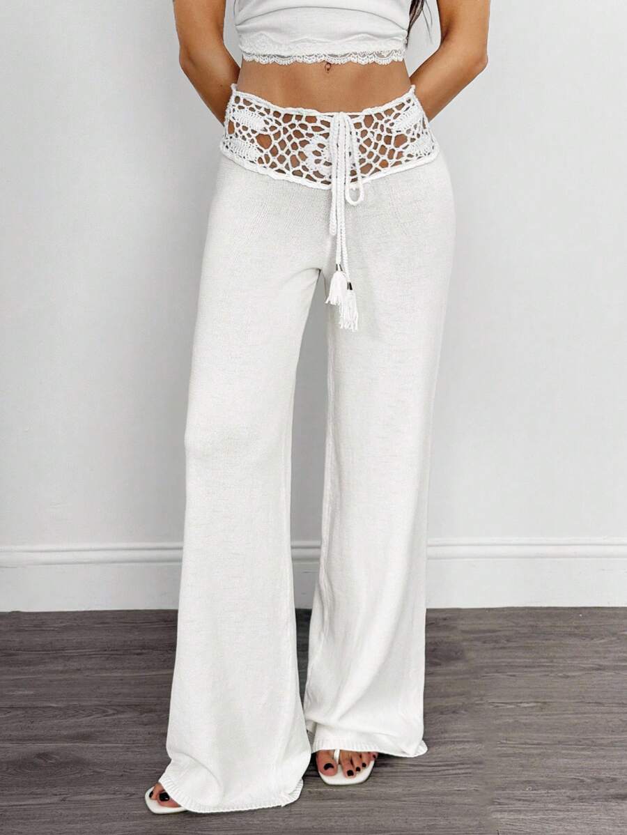 SHEIN Tall Quần len ống rộng đan móc phong cách du lịch giản dị thời trang cho nữ vào mùa thu/đông - trắng - Xem 1