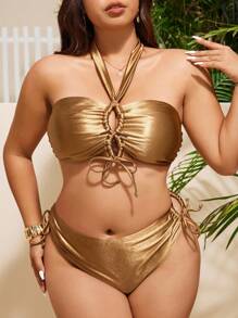 Swim Oasis New Women Plus Size Hollow-Out Bandeau 3 PiecesBikini Set With High-Waist Bottoms And Long Cover-Up, Vacation Swimming Suit