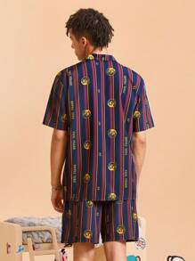 Paul Frank X SHEIN Men's Color Block Striped & Cartoon Pattern Button Front Short Sleeve Top And Shorts Loungewear Set - Multicolor - View 2